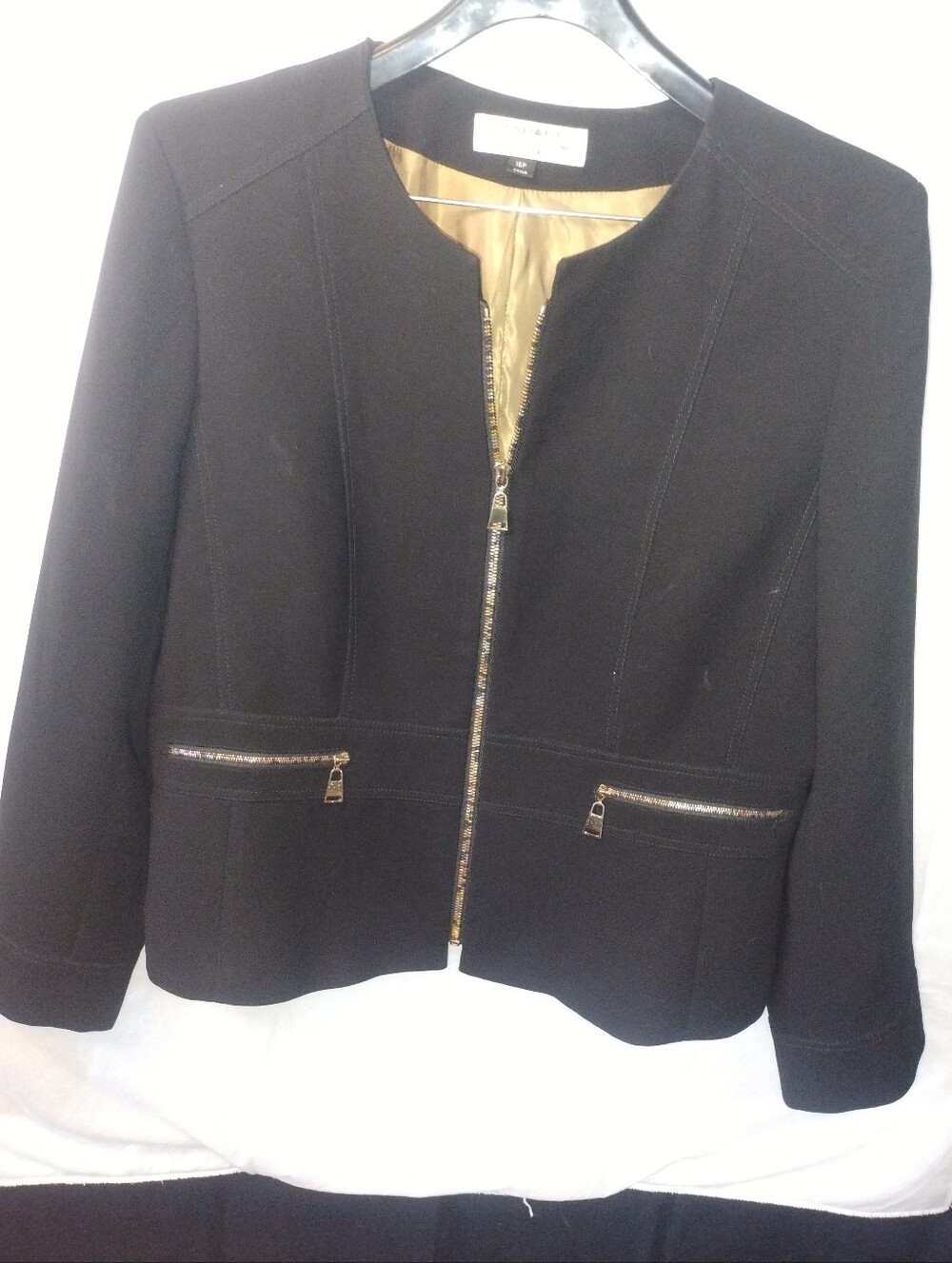 Tahari ASL 16 P black collarless blazer Multi-tone Toned Zippers